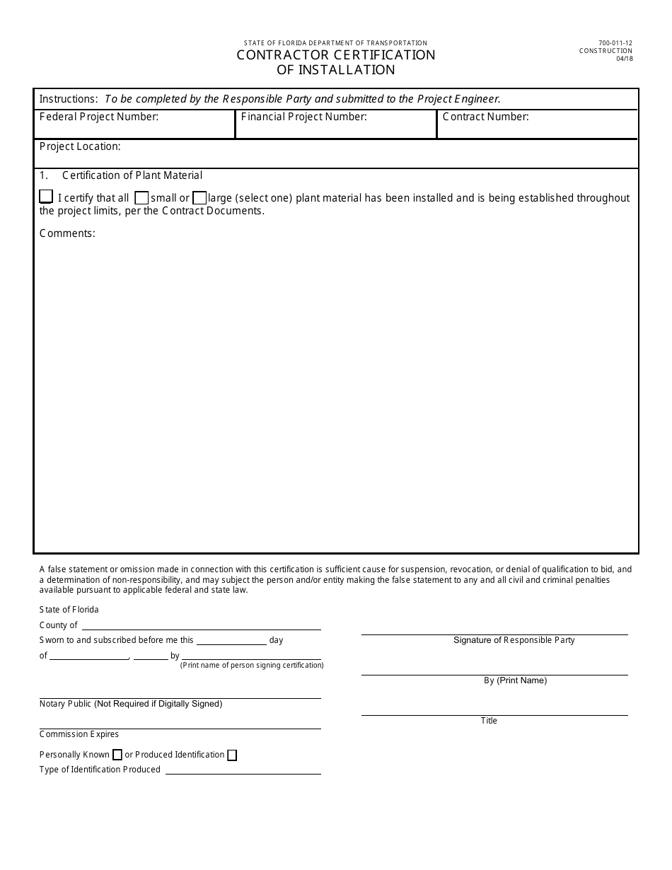 Form 700-011-12 Contractor Certification of Installation - Florida, Page 1