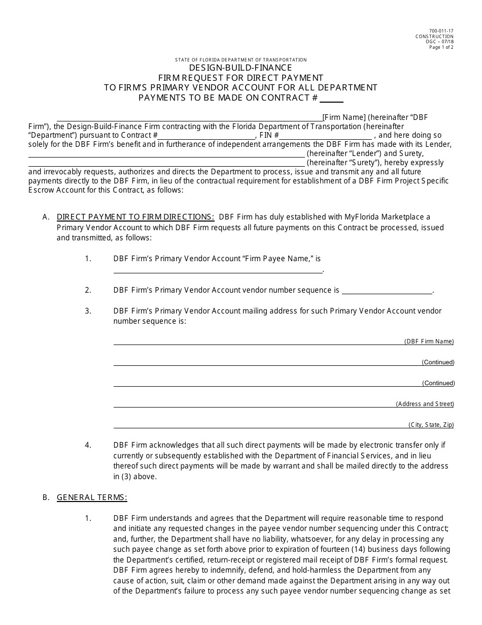 Form 700-011-17 Design-Build-Finance Firm Request for Direct Payment to Firms Primary Vendor Account for All Department Payments to Be Made on Contract - Florida, Page 1
