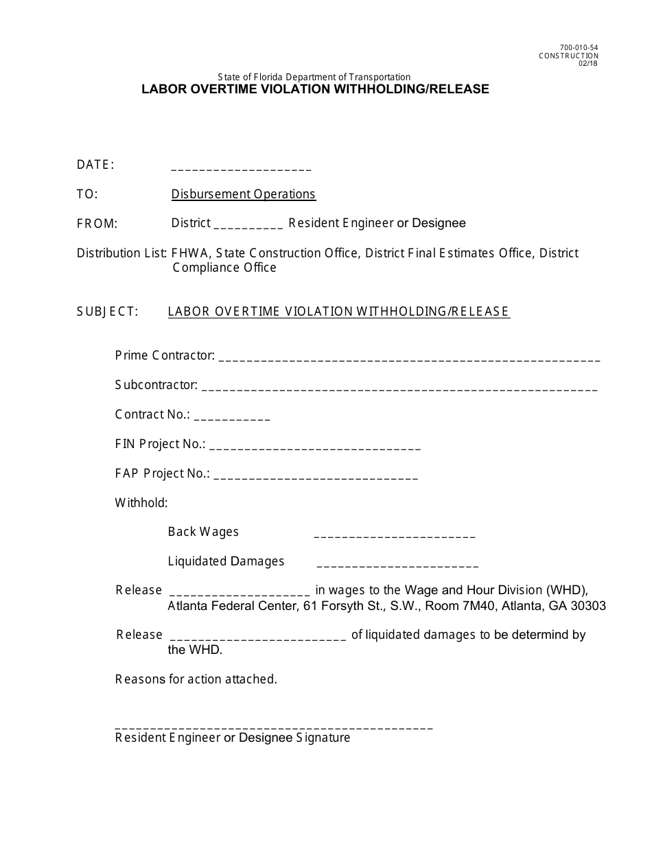 Form 700-010-54 Labor Overtime Violation Withholding / Release - Florida, Page 1