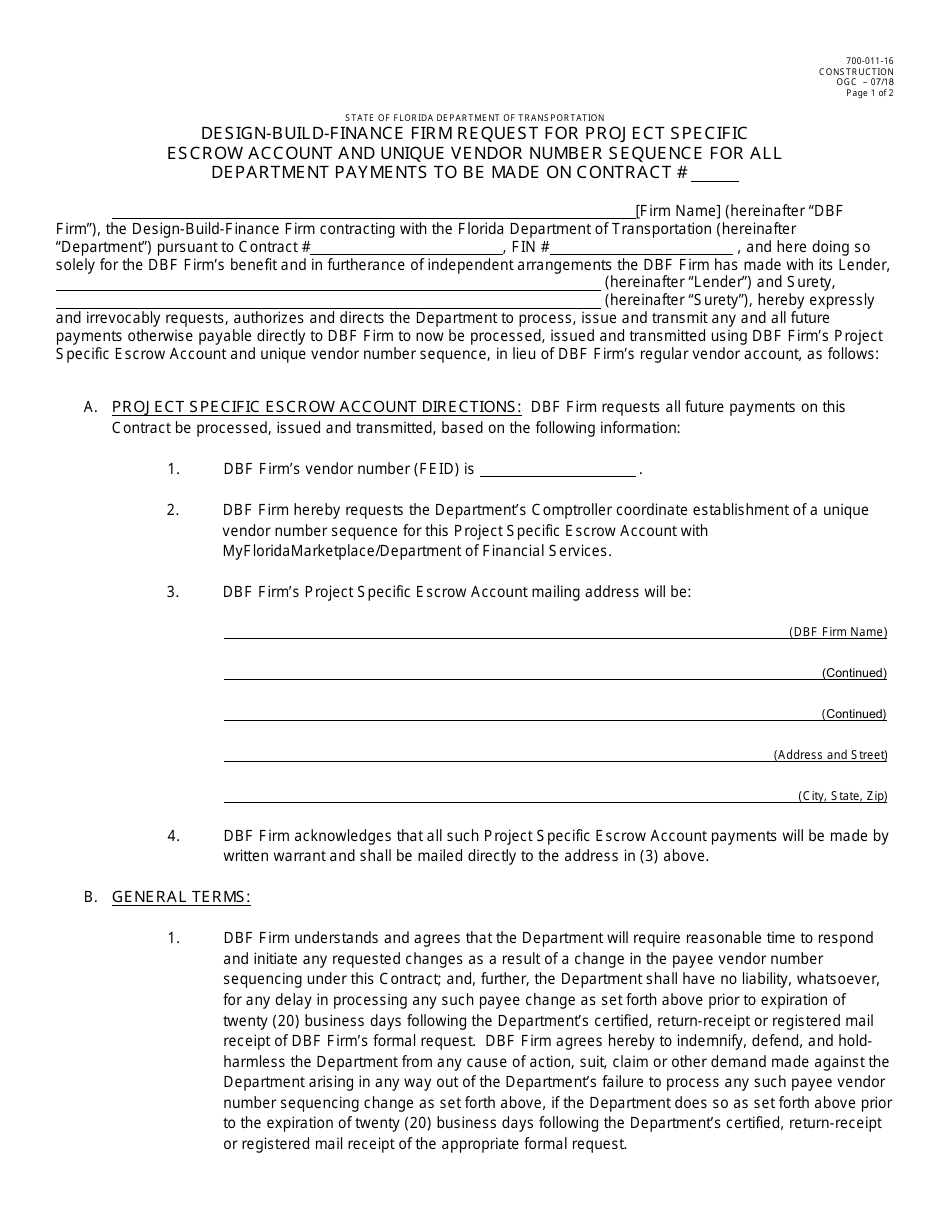 Form 700-011-16 Design-Build-Finance Firm Request for Project Specific Escrow Account and Unique Vendor Number Sequence for All Department Payments to Be Made on Contract - Florida, Page 1