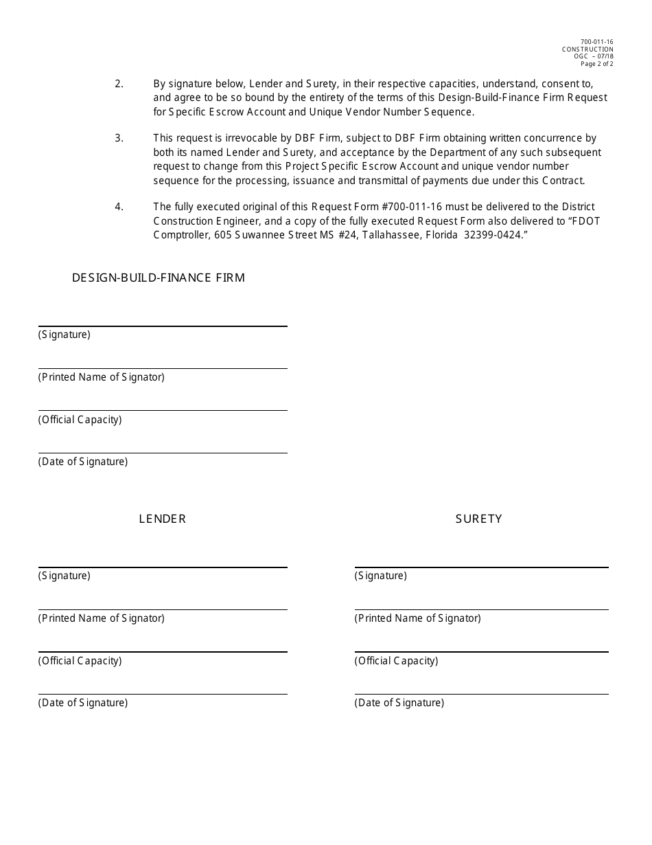 Form 700-011-16 Design-Build-Finance Firm Request for Project Specific Escrow Account and Unique Vendor Number Sequence for All Department Payments to Be Made on Contract - Florida, Page 2