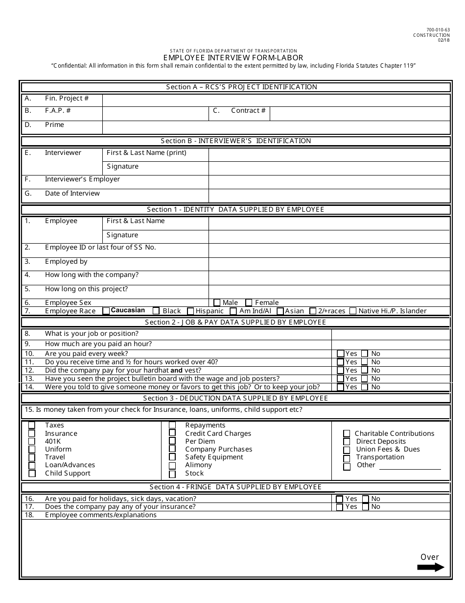 Form 700-010-63 Employee Interview Form - Labor - Florida, Page 1