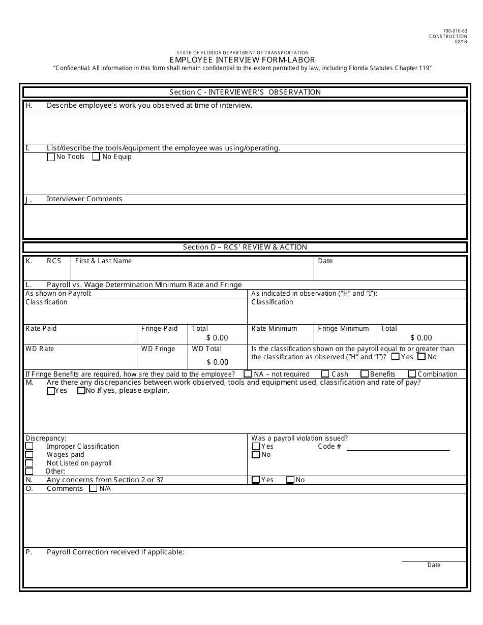 Form 700-010-63 Employee Interview Form - Labor - Florida, Page 2