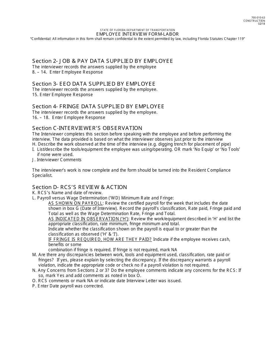 Form 700-010-63 Employee Interview Form - Labor - Florida, Page 4