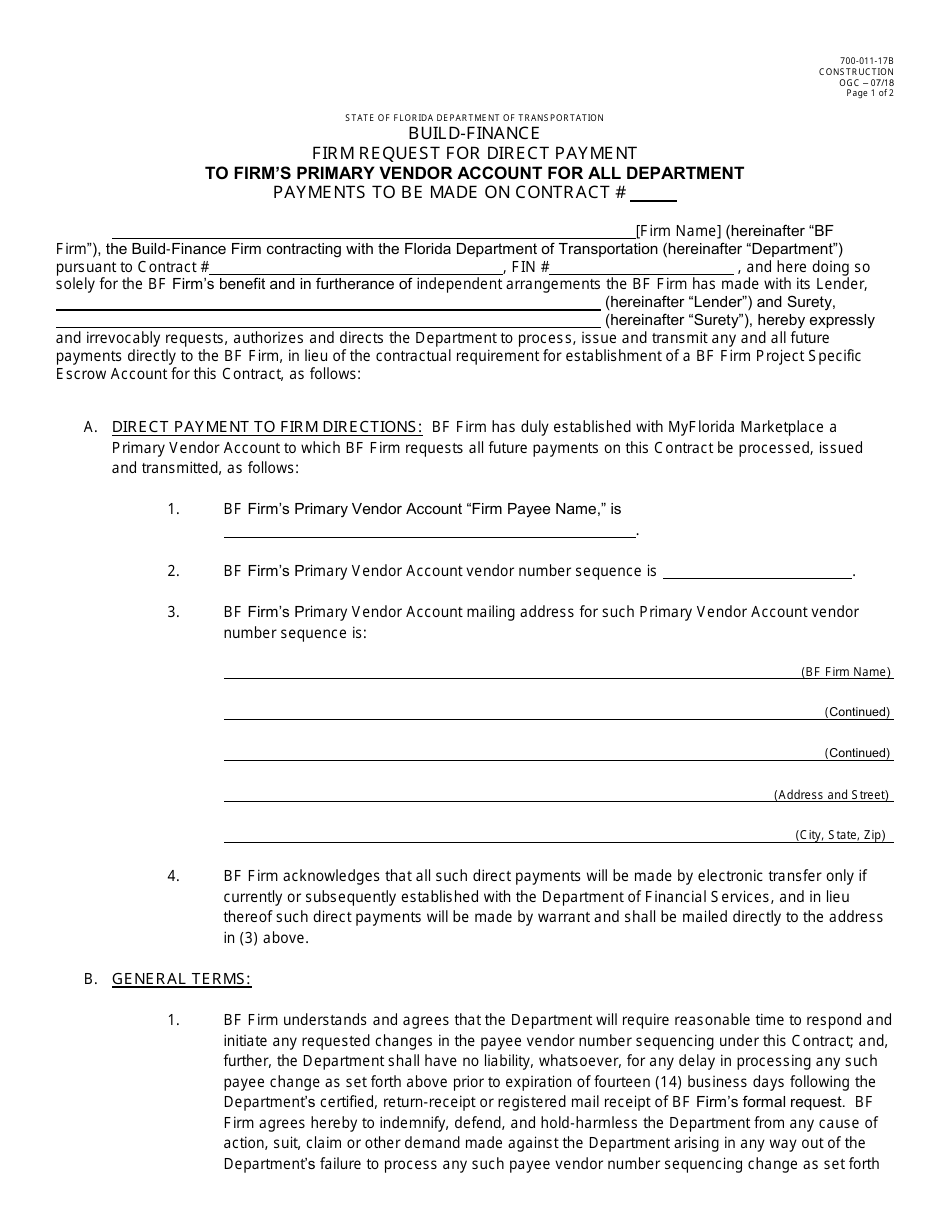 Form 700-011-17B Build-Finance Firm Request for Direct Payment to Firms Primary Vendor Account for All Department Payments to Be Made on Contract - Florida, Page 1