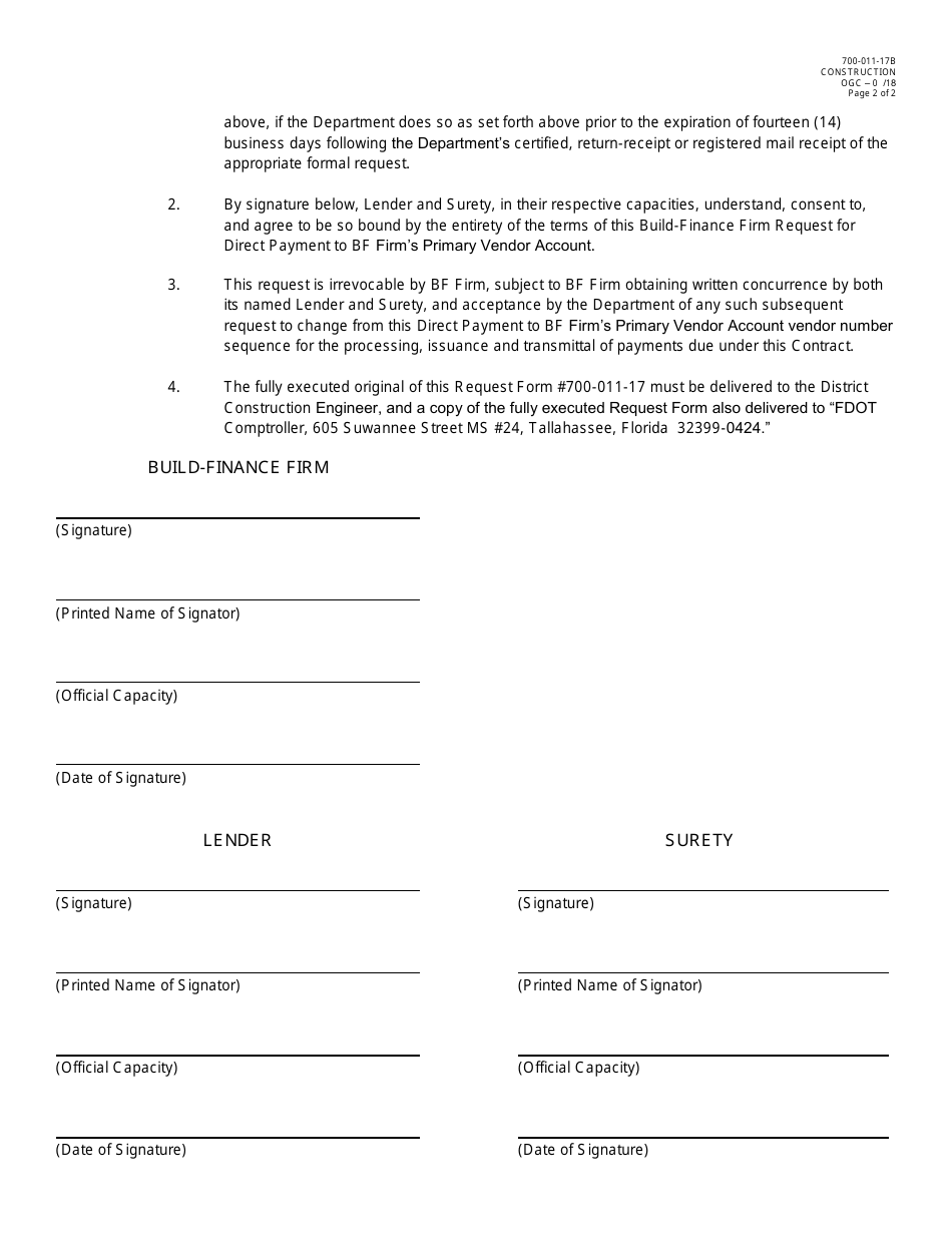Form 700-011-17B Build-Finance Firm Request for Direct Payment to Firms Primary Vendor Account for All Department Payments to Be Made on Contract - Florida, Page 2
