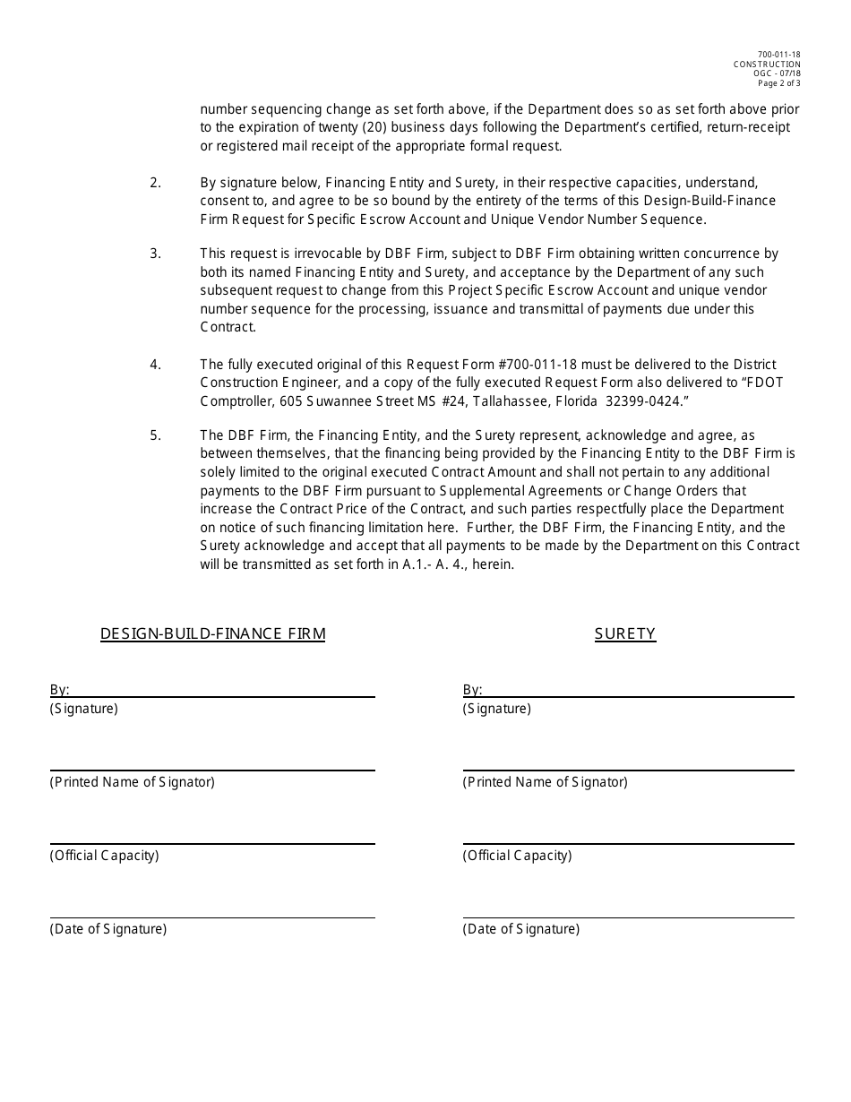 Form 700-011-18 Design-Build-Finance Firm Request for Project Specific Escrow Account (Bond Solution) and Unique Vendor Number Sequence for All Department Payments to Be Made on Contract - Florida, Page 2