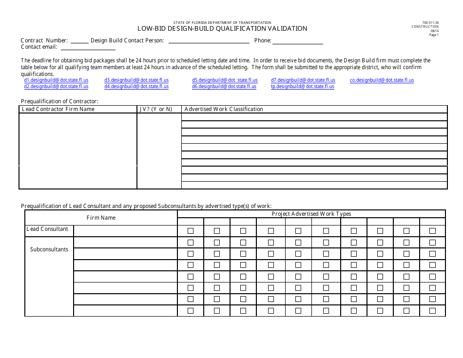 Form 700-011-36 Low-Bid Design-Build Qualification Validation - Florida, Page 1