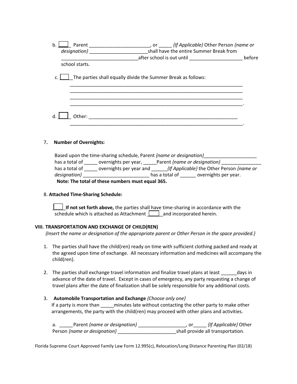 Form 12.995(C) Relocation / Long Distance Parenting Plan - Florida, Page 13