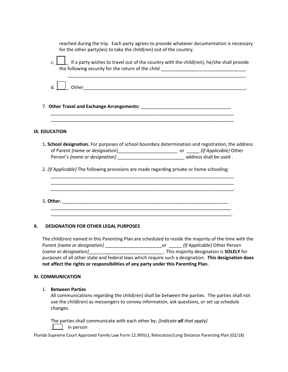 Form 12.995(C) Relocation / Long Distance Parenting Plan - Florida, Page 16