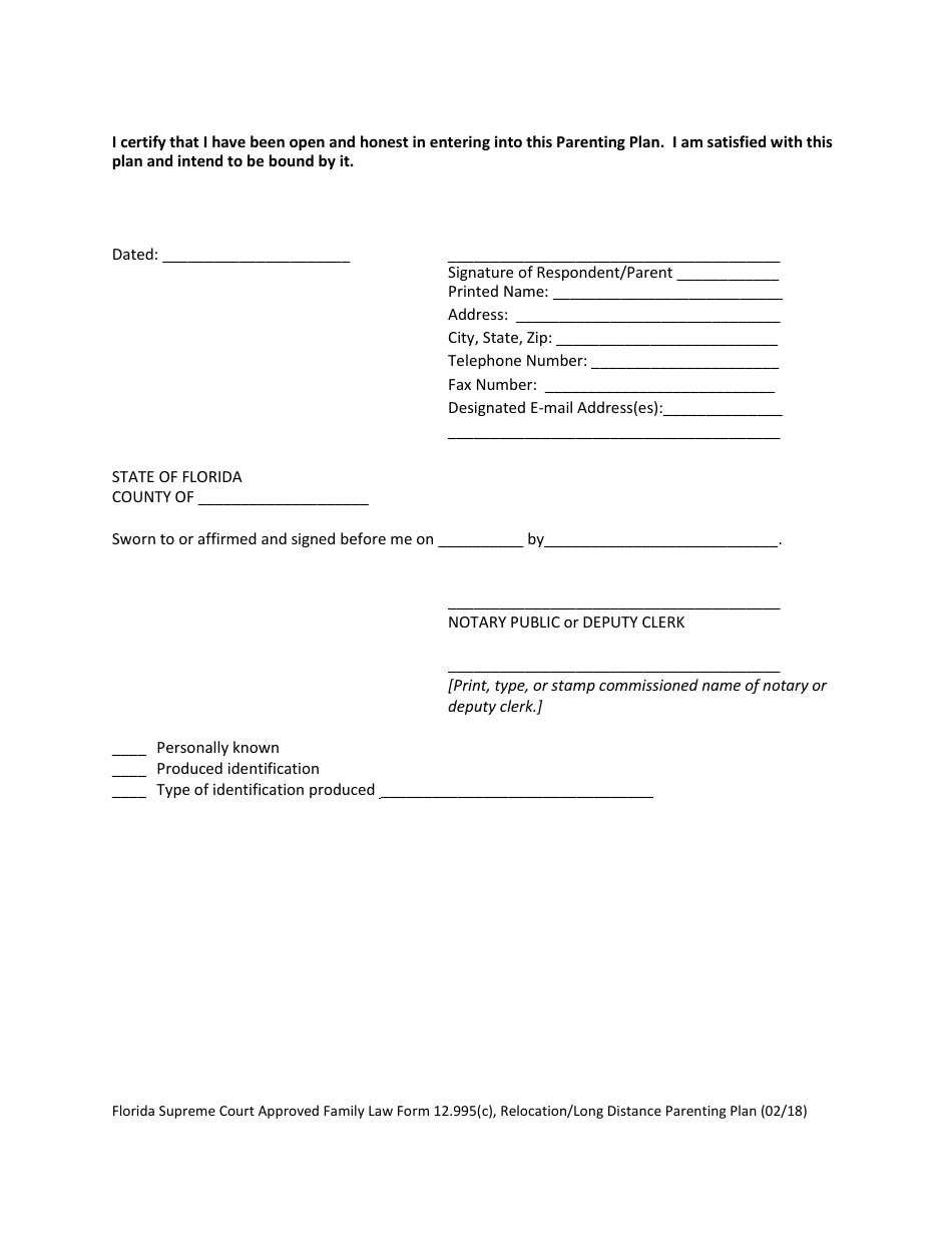Form 12.995(C) Relocation / Long Distance Parenting Plan - Florida, Page 20