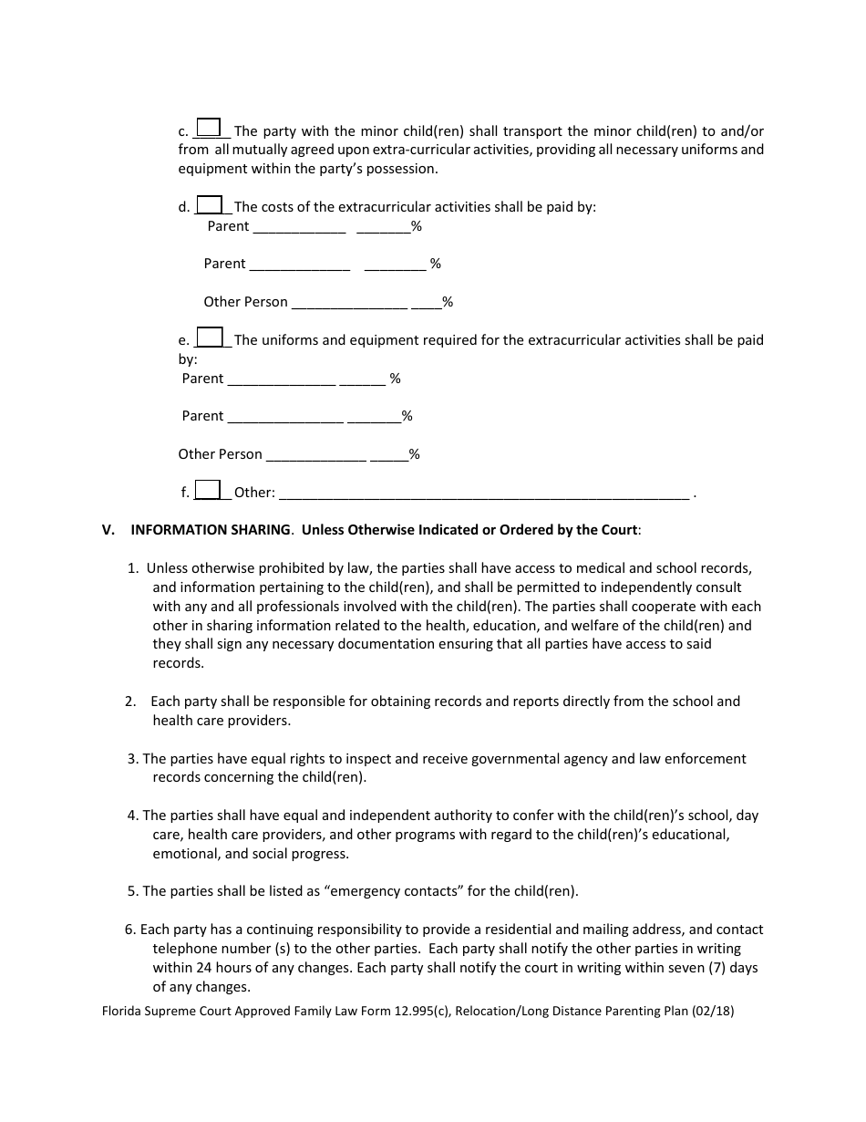 Form 12.995(C) Relocation / Long Distance Parenting Plan - Florida, Page 8