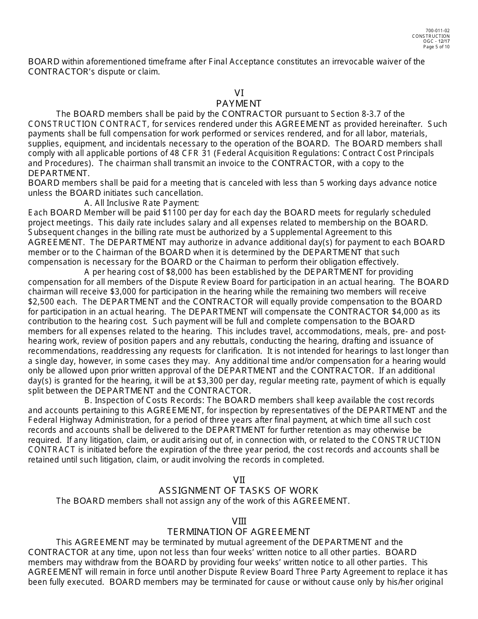 Form 700-011-02 Dispute Review Board Three Party Agreement - Florida, Page 5