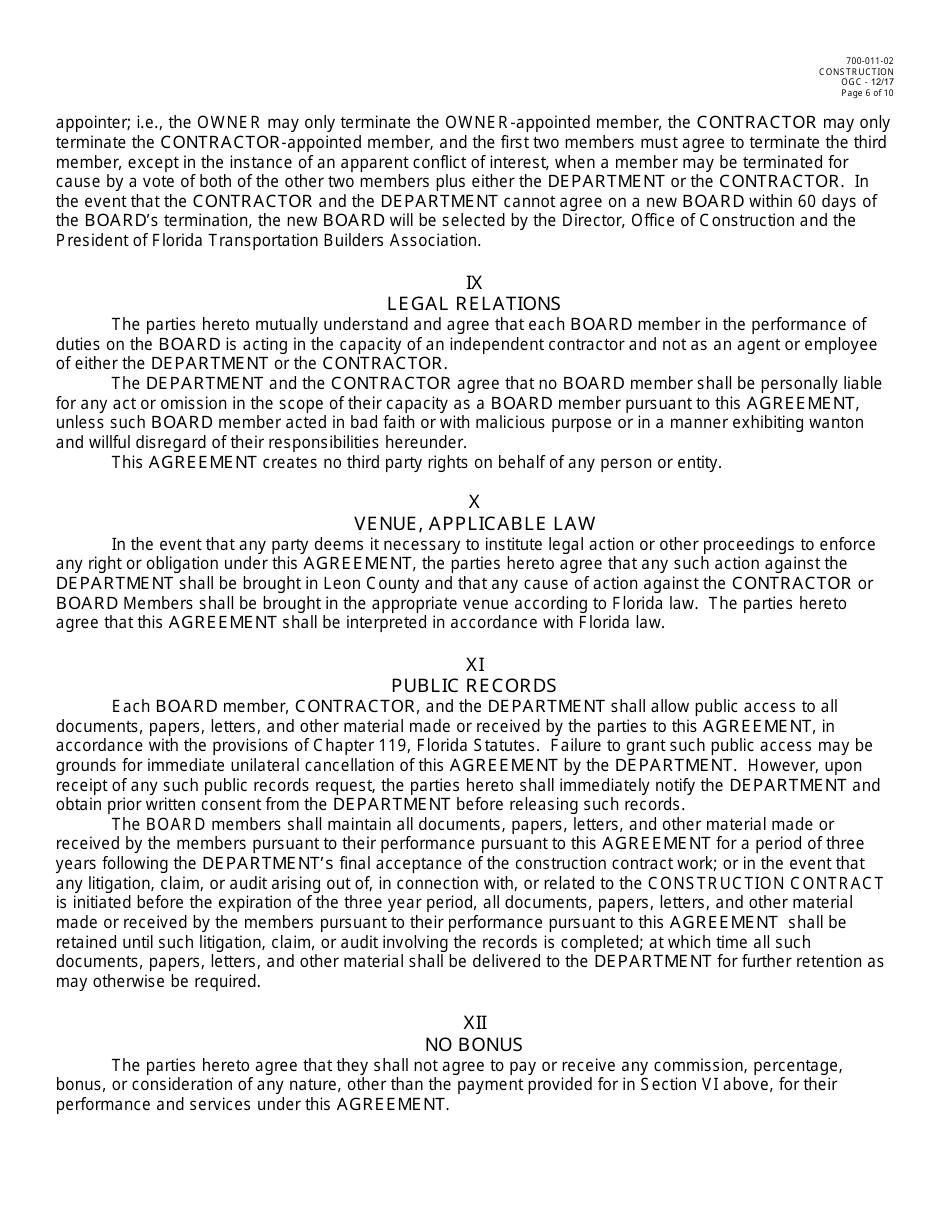 Form 700-011-02 Dispute Review Board Three Party Agreement - Florida, Page 6