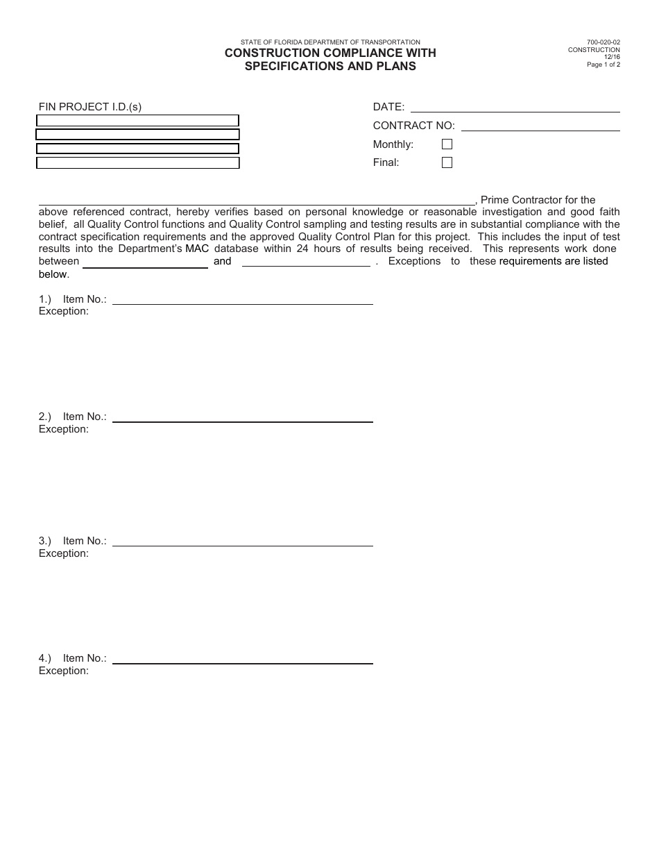 Form 700-020-02 Construction Compliance With Specifications and Plans - Florida, Page 1