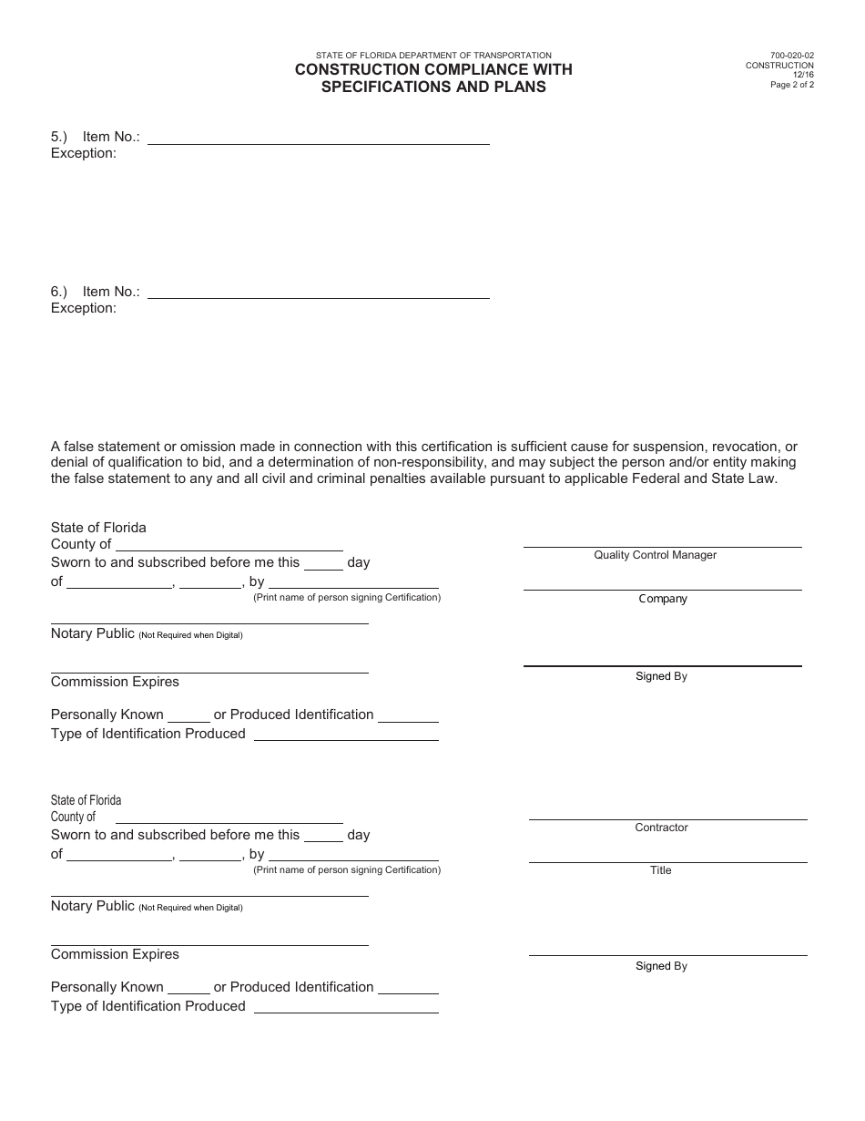 Form 700-020-02 Construction Compliance With Specifications and Plans - Florida, Page 2