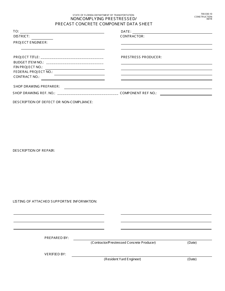 Form 700-030-10 Noncomplying Prestressed / Precast Concrete Component Data Sheet - Florida, Page 1
