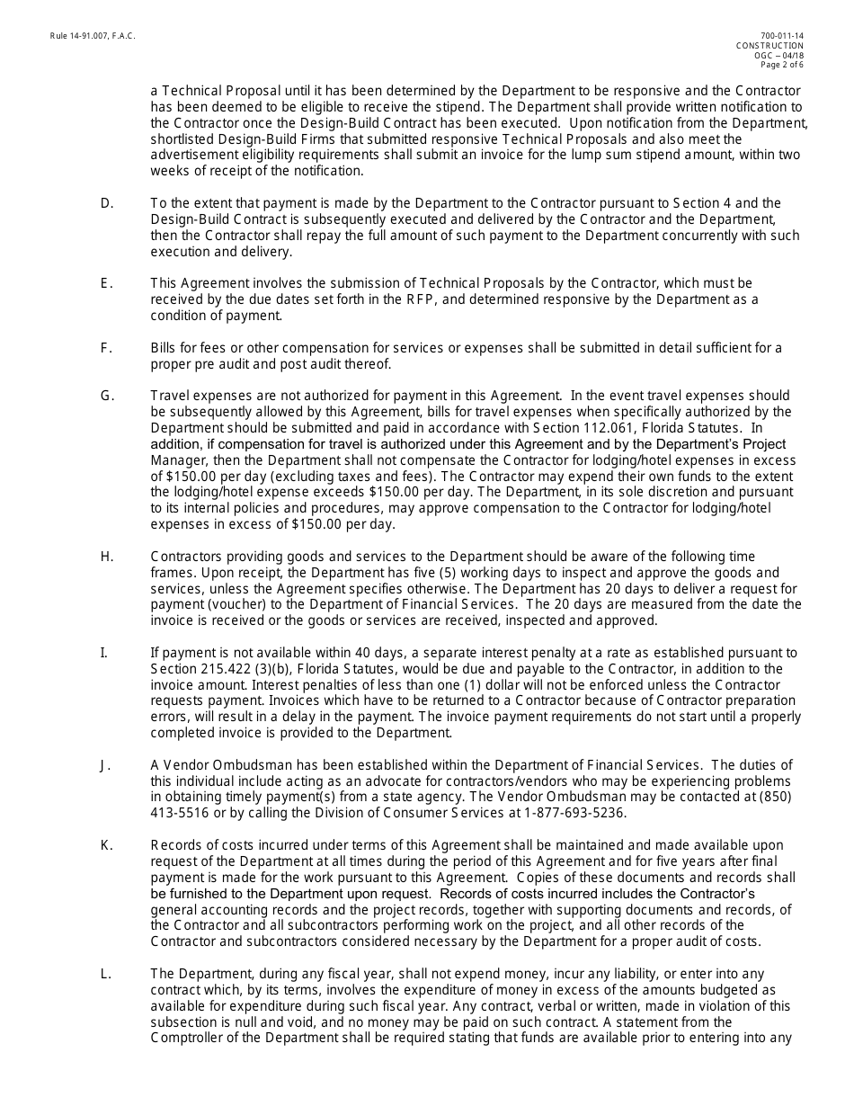 Form 700-011-14 Design-Build Stipend Agreement - Florida, Page 2