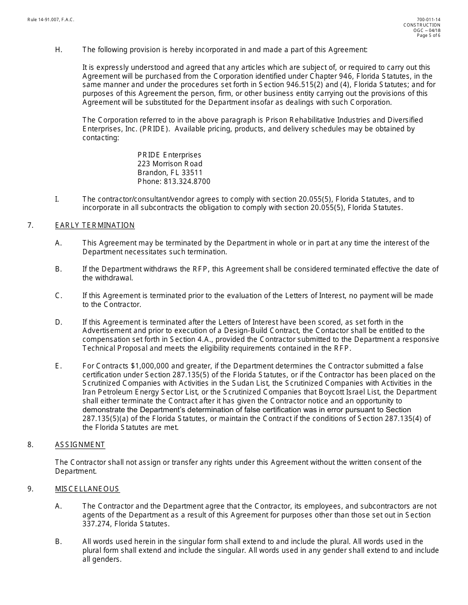 Form 700-011-14 Design-Build Stipend Agreement - Florida, Page 5