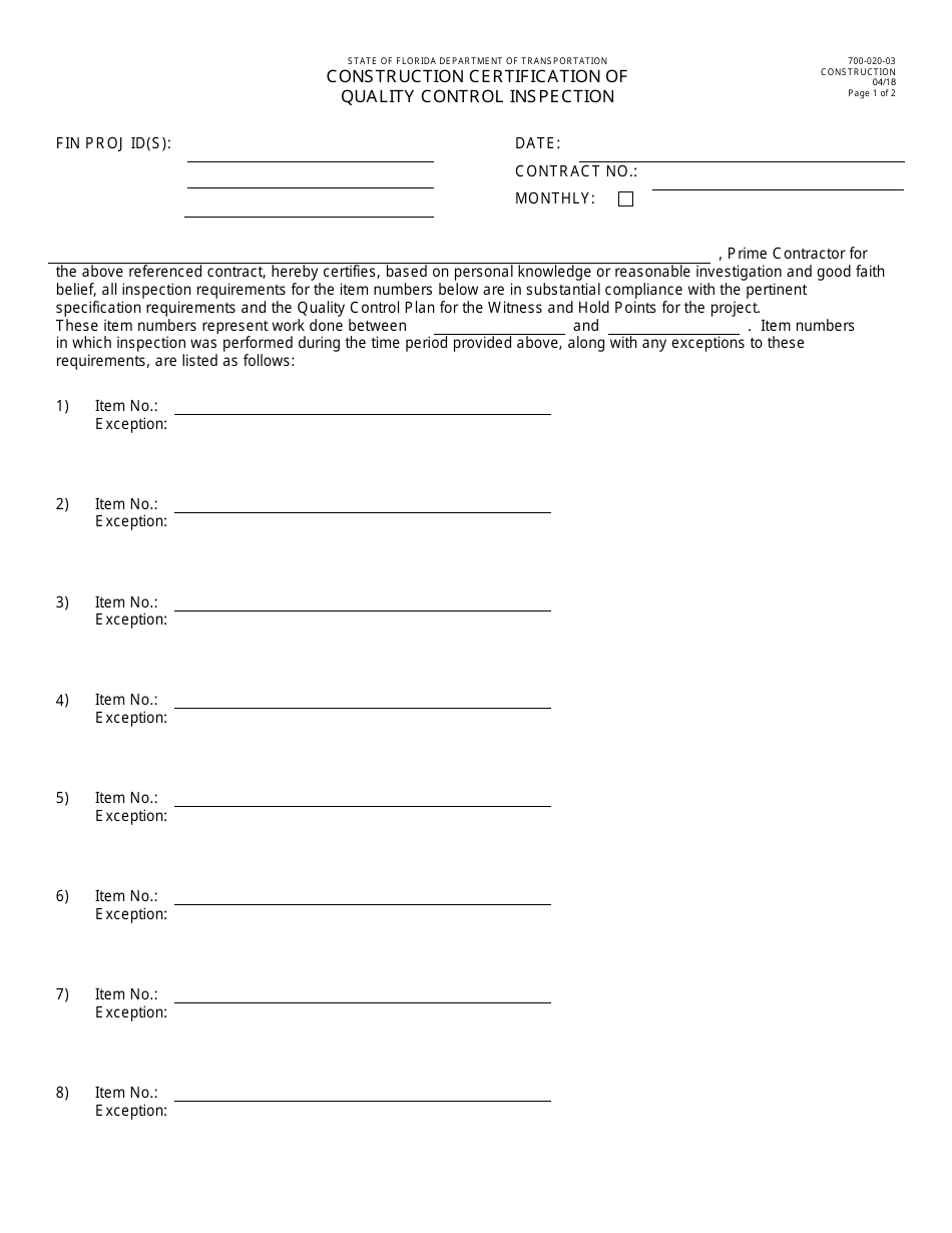 Form 700-020-03 Construction Certification of Quality Control Inspection - Florida, Page 1