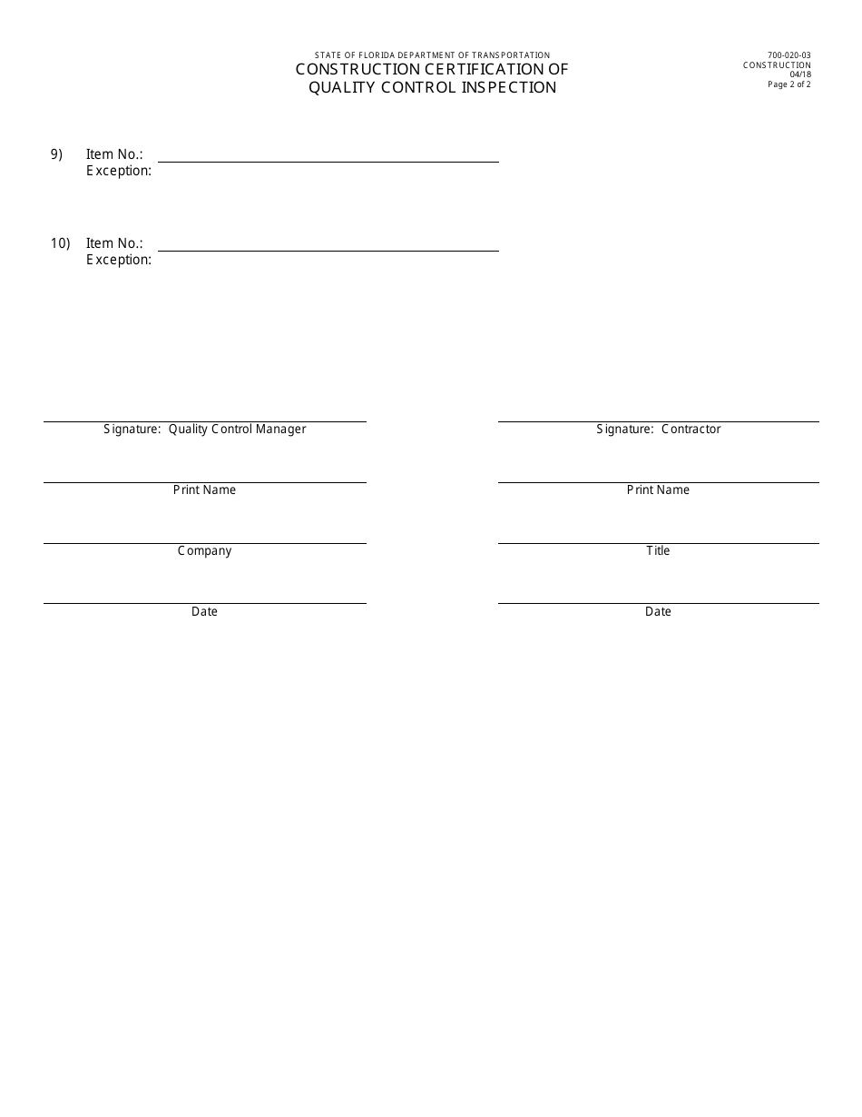 Form 700-020-03 Construction Certification of Quality Control Inspection - Florida, Page 2