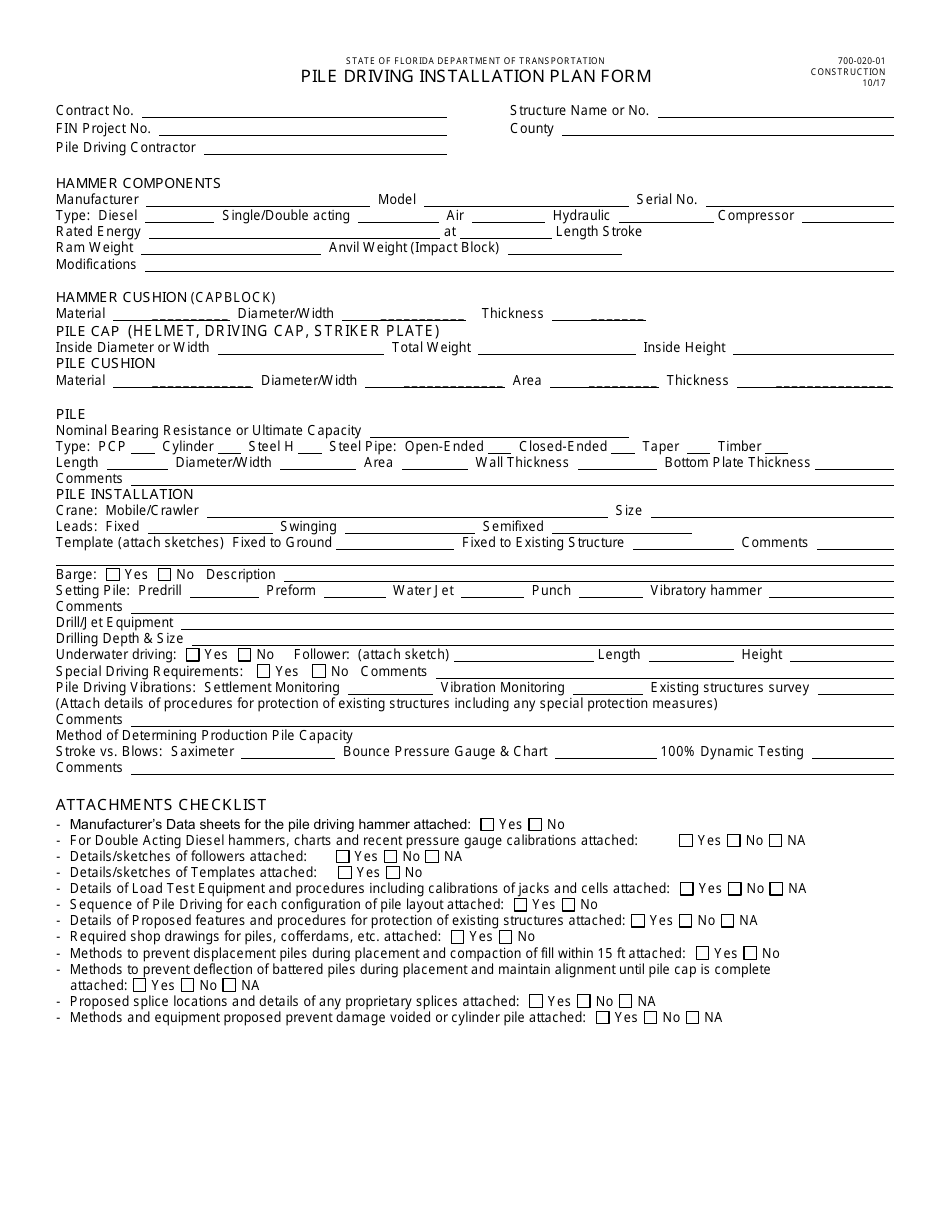 Form 700-020-01 Pile Driving Installation Plan Form - Florida, Page 1