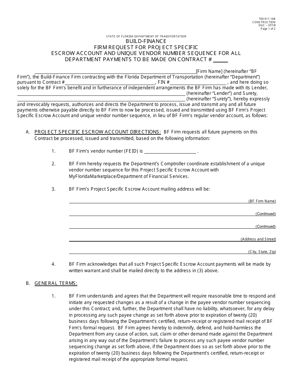 Form 700-011-16B Build-Finance Firm Request for Specific Escrow Account and Unique Vendor Number Sequence for All Department Payments to Be Made on Contract - Florida, Page 1
