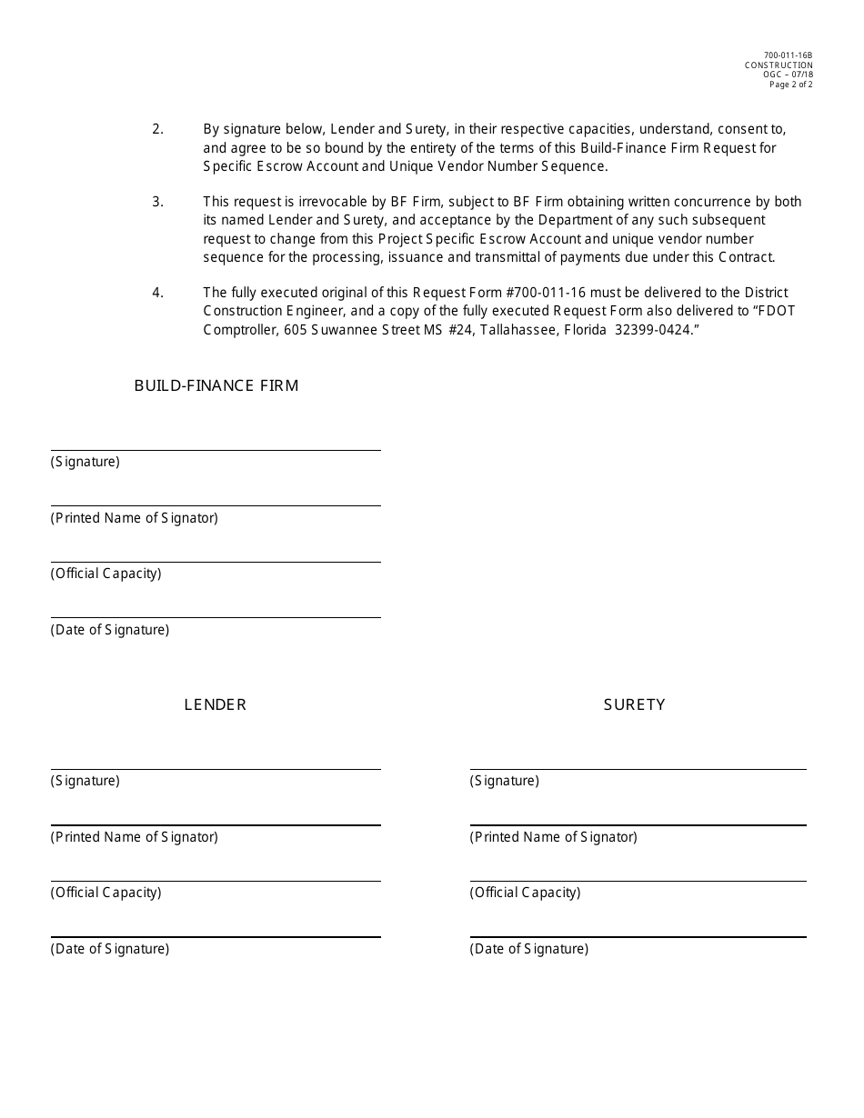 Form 700-011-16B Build-Finance Firm Request for Specific Escrow Account and Unique Vendor Number Sequence for All Department Payments to Be Made on Contract - Florida, Page 2