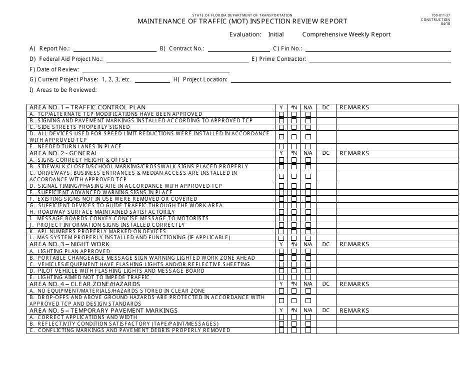 Form 700-011-37 Maintenance of Traffic (Mot) Inspection Review Report - Florida, Page 1
