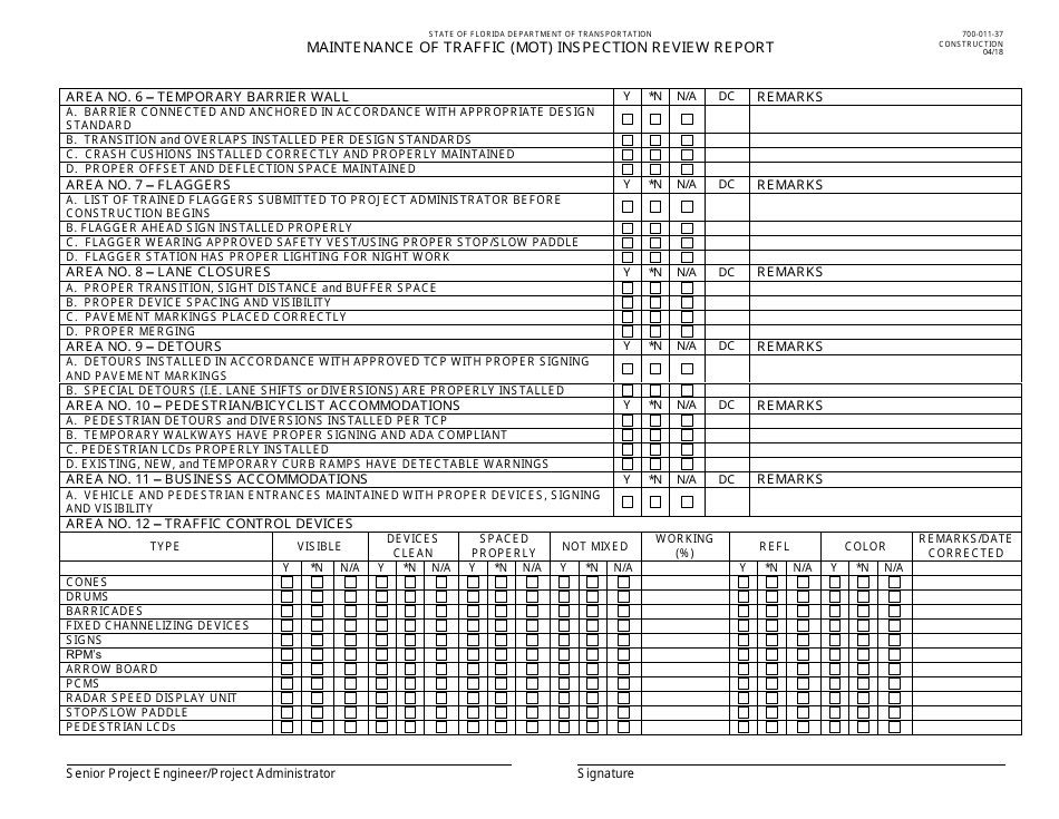 Form 700-011-37 Maintenance of Traffic (Mot) Inspection Review Report - Florida, Page 2
