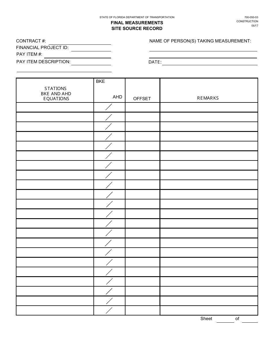 Form 700-050-53 Final Measurements Site Source Record - Florida, Page 1