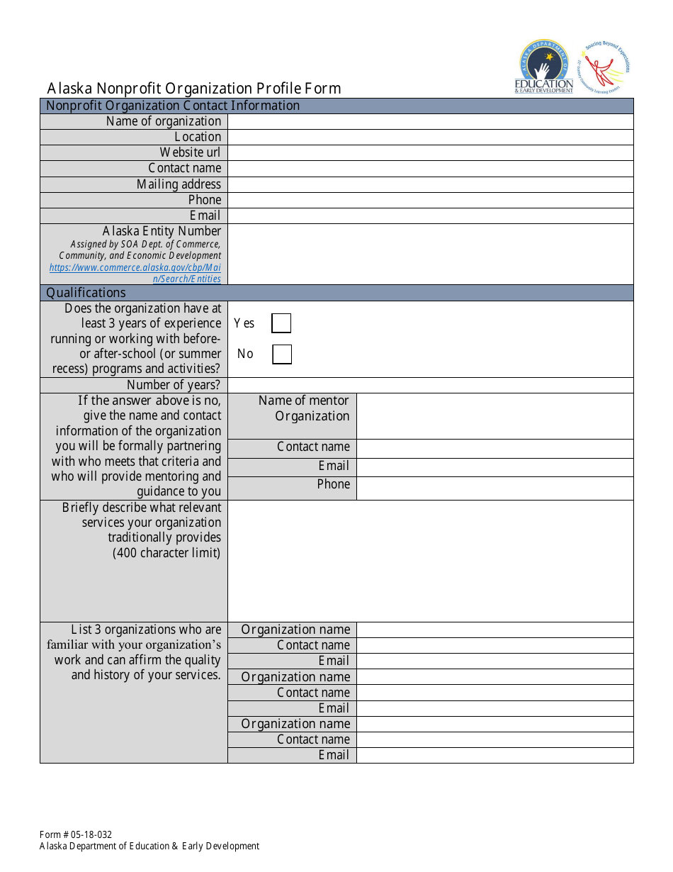 Form 05-18-032 Alaska Nonprofit Organization Profile Form - Alaska, Page 1