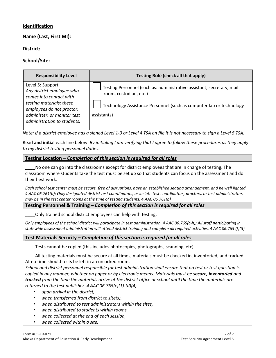 Form 05-19-021 Test Security Agreement Level 5 - Alaska, Page 2
