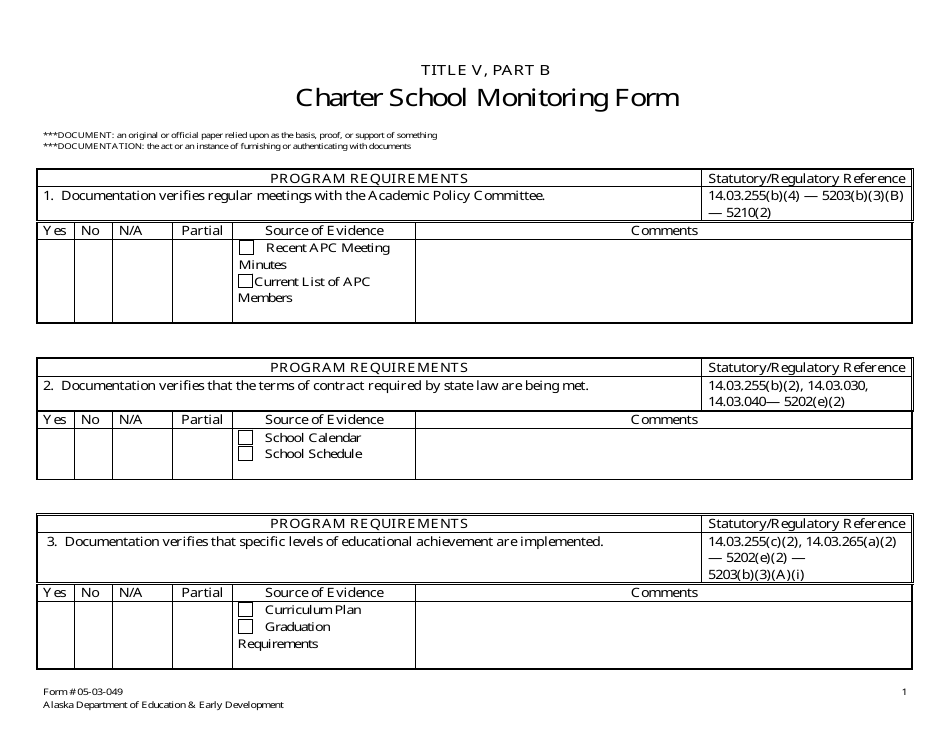 Form 05-03-049 Charter School Monitoring Form - Alaska, Page 1