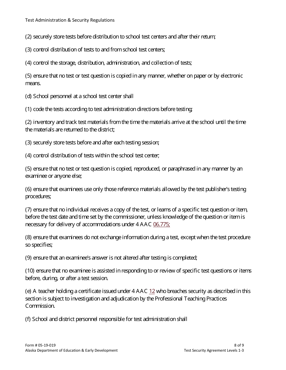 Form 05-19-019 Test Security Agreement Level 1-3 - Alaska, Page 8