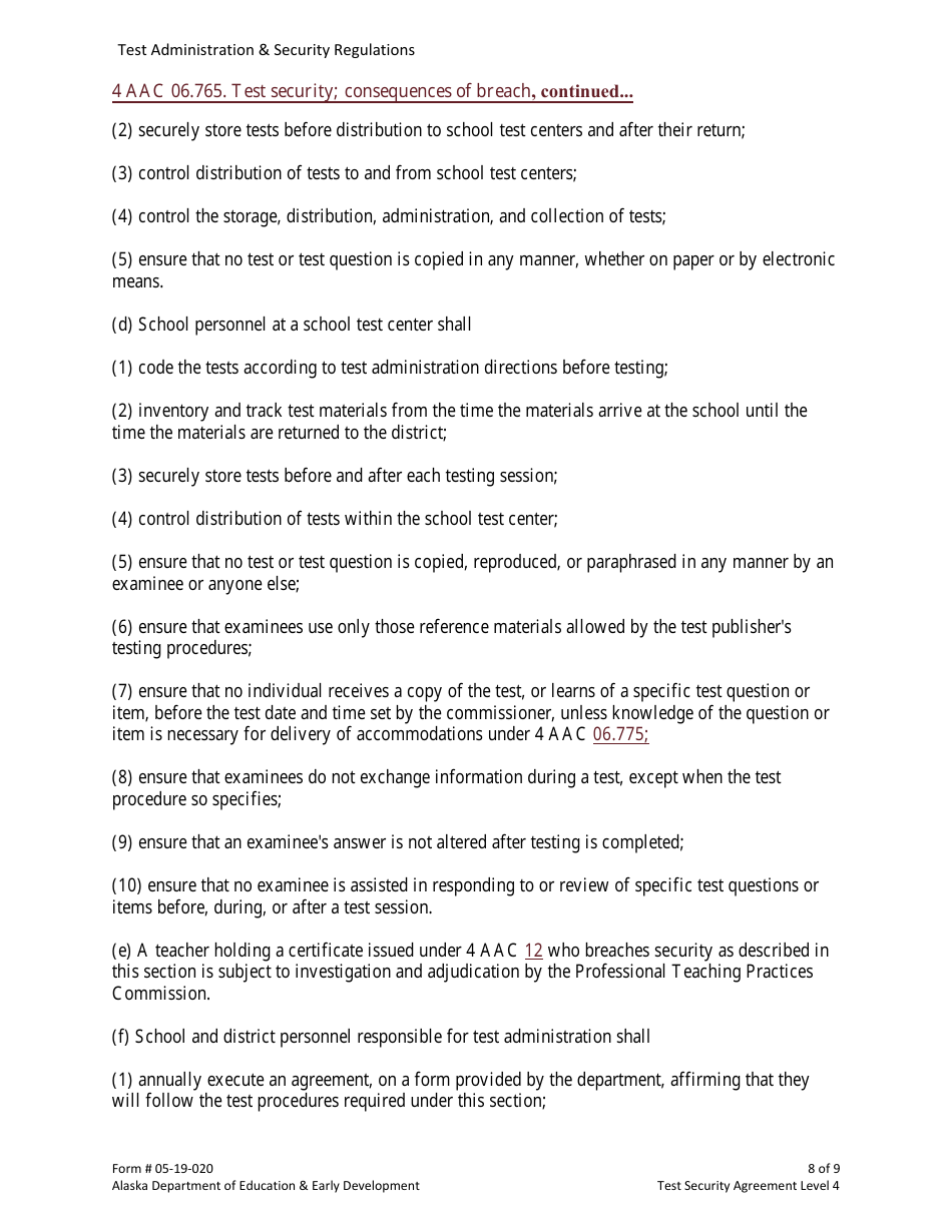 Form 05-19-020 Test Security Agreement Level 4 - Alaska, Page 8