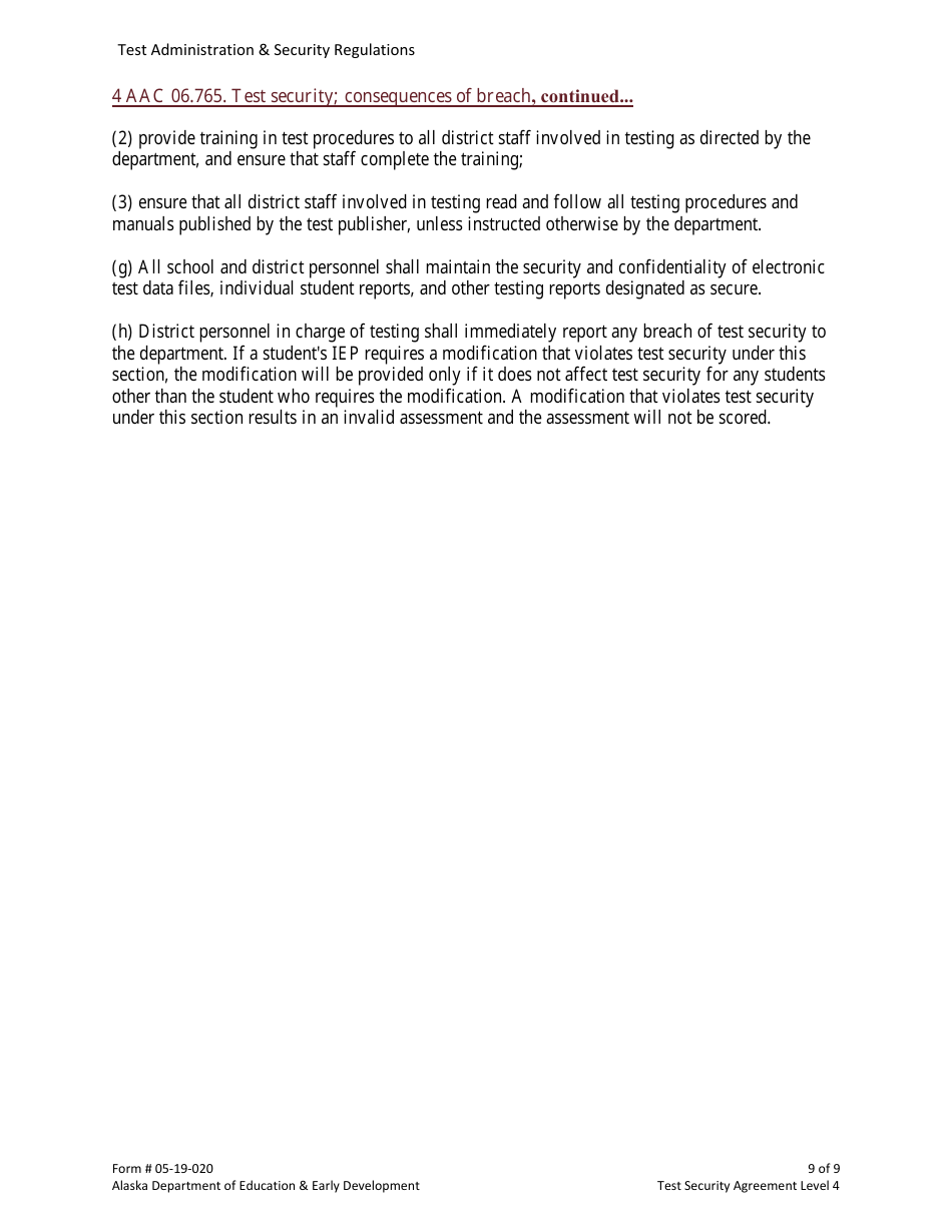 Form 05-19-020 Test Security Agreement Level 4 - Alaska, Page 9