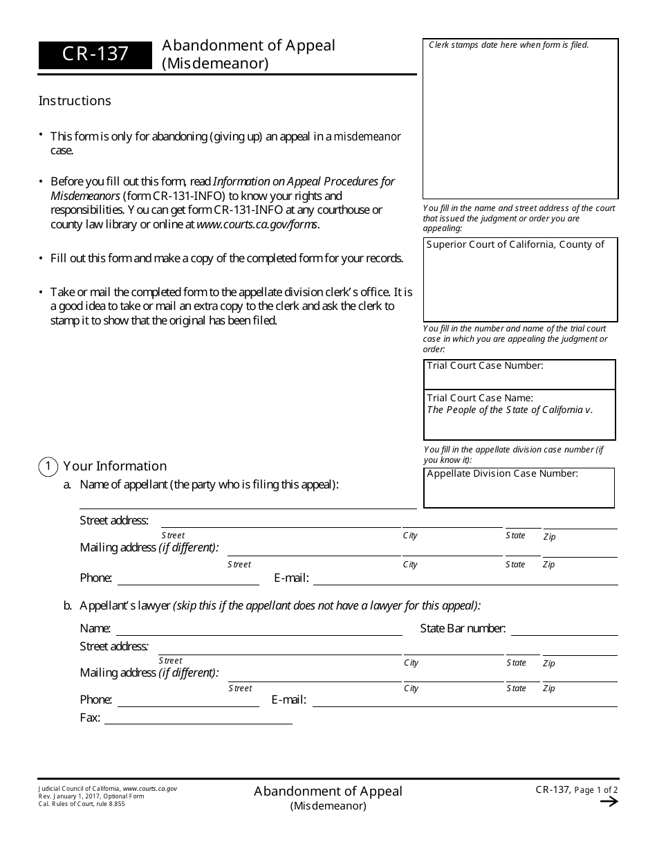 Form CR-137 Abandonment of Appeal (Misdemeanor) - California, Page 1