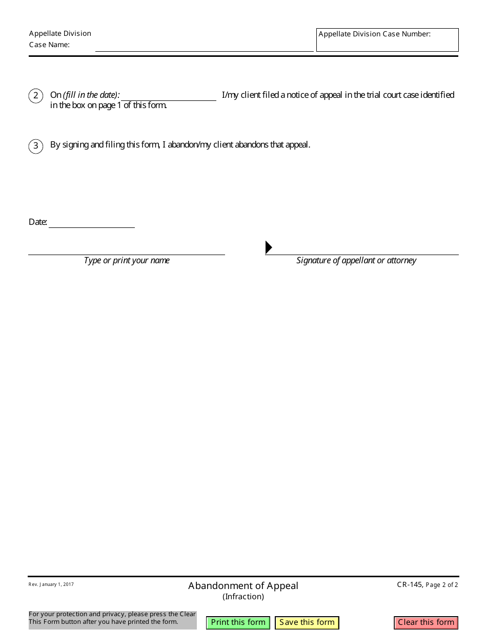 Form CR-145 Abandonment of Appeal (Infraction) - California, Page 2