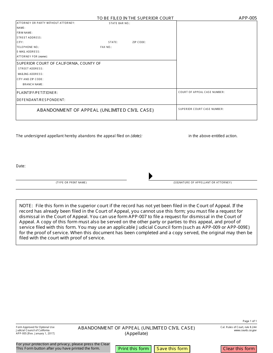 Form APP-005 Abandonment of Appeal (Unlimited Civil Case) - California, Page 1