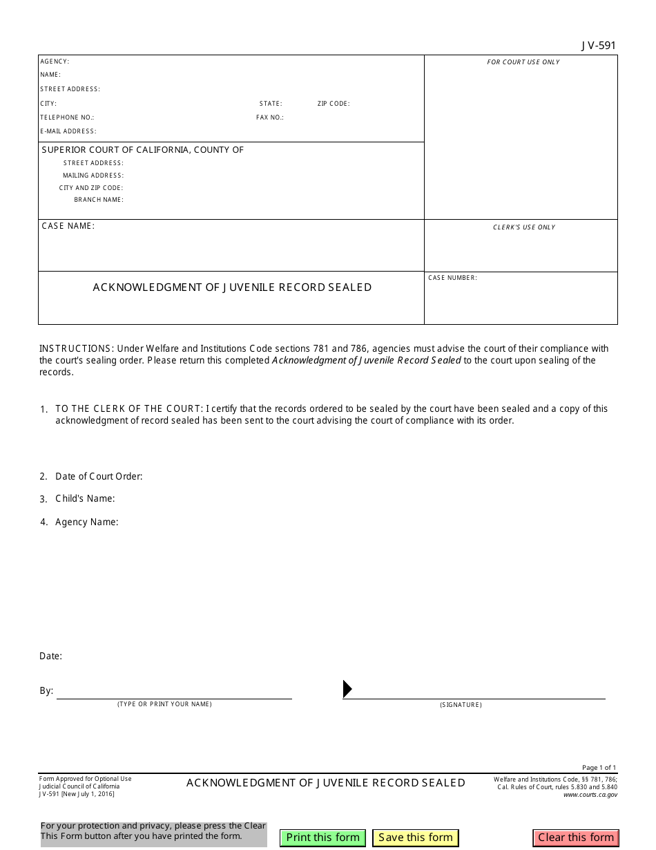 Form JV-591 - Fill Out, Sign Online and Download Fillable PDF ...