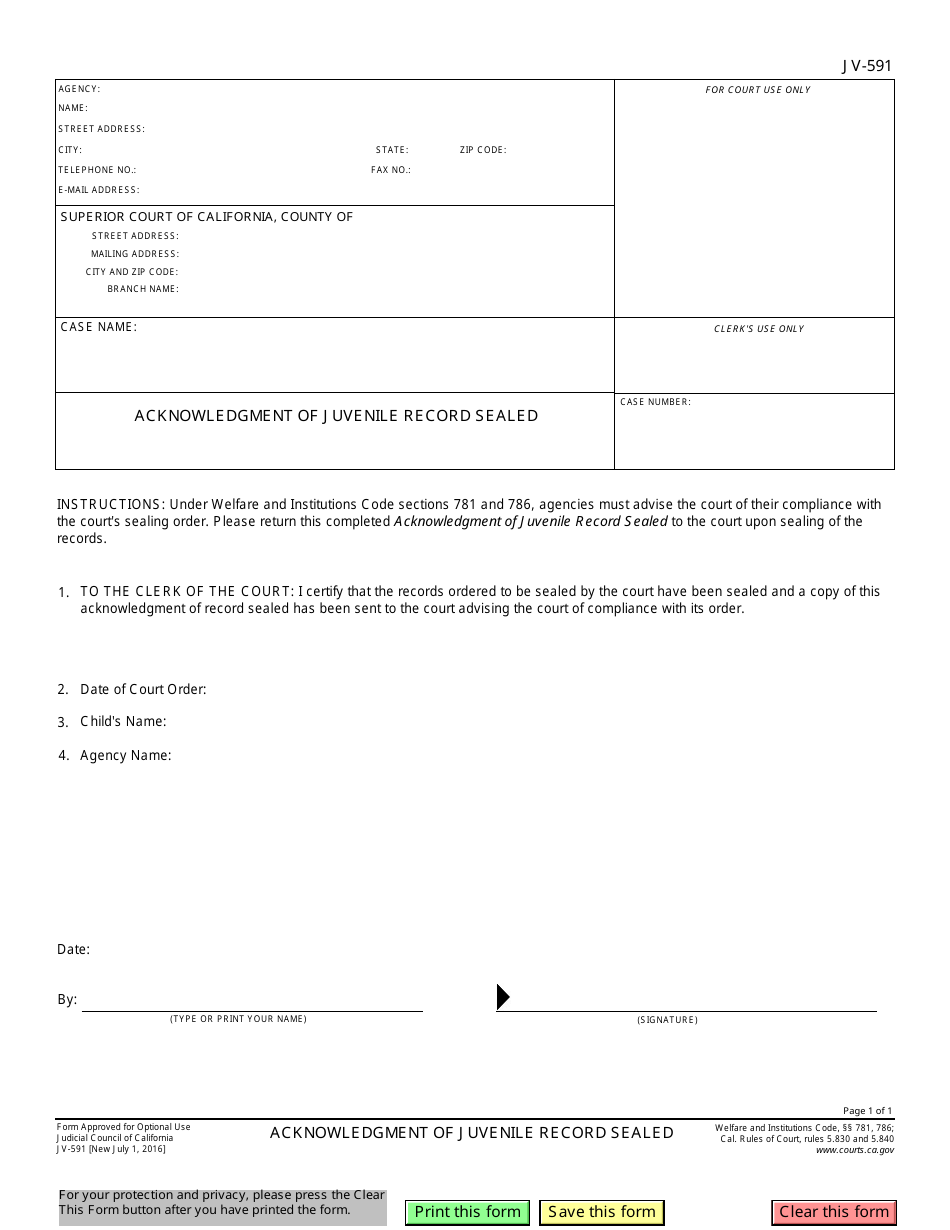 Form JV-591 Acknowledgment of Juvenile Record Sealed - California, Page 1