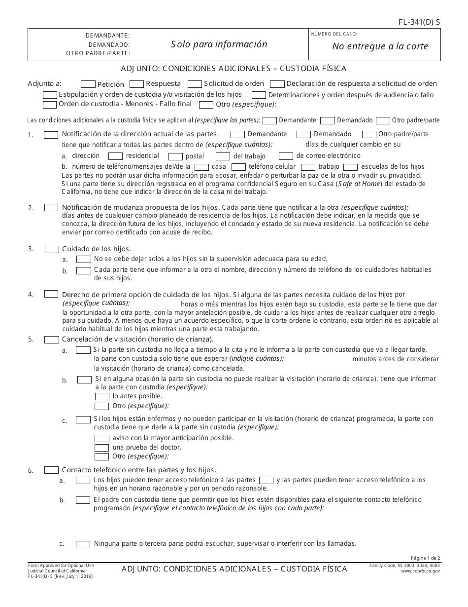 Formulario FL-341(D) S Condiciones Adicionales - Custodia Fisica - California (Spanish), Page 1