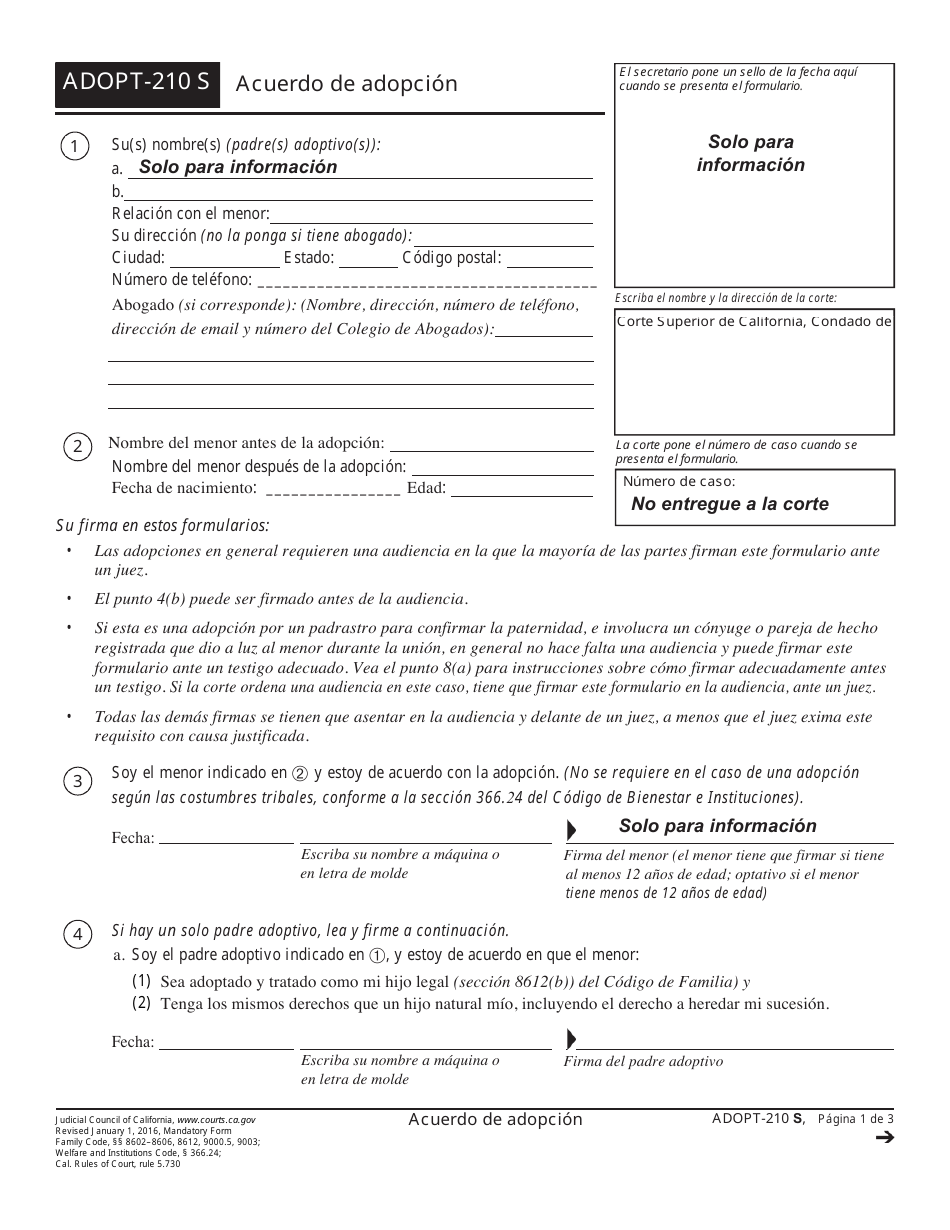Formulario ADOPT-210 S Acuerdo De Adopcion - California (Spanish), Page 1