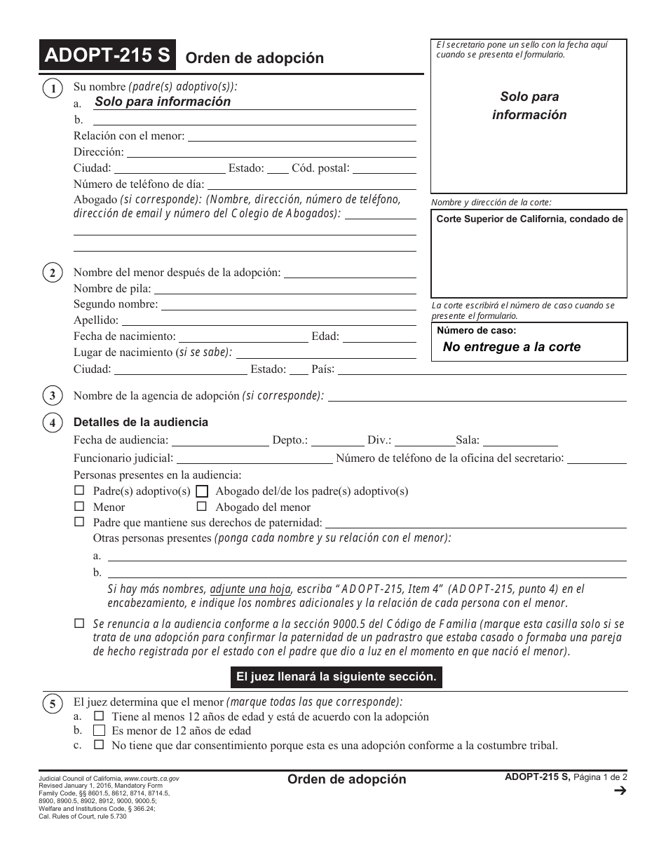 Formulario ADOPT-215 S Orden De Adopcion - California (Spanish), Page 1