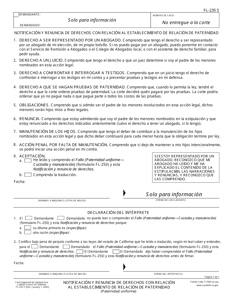 Formulario FL-235 S Notification Y Renuncia De Derechos Con Relacion Al Establecimiento De Relacion De Relacion De Paternidad - California (Spanish), Page 1