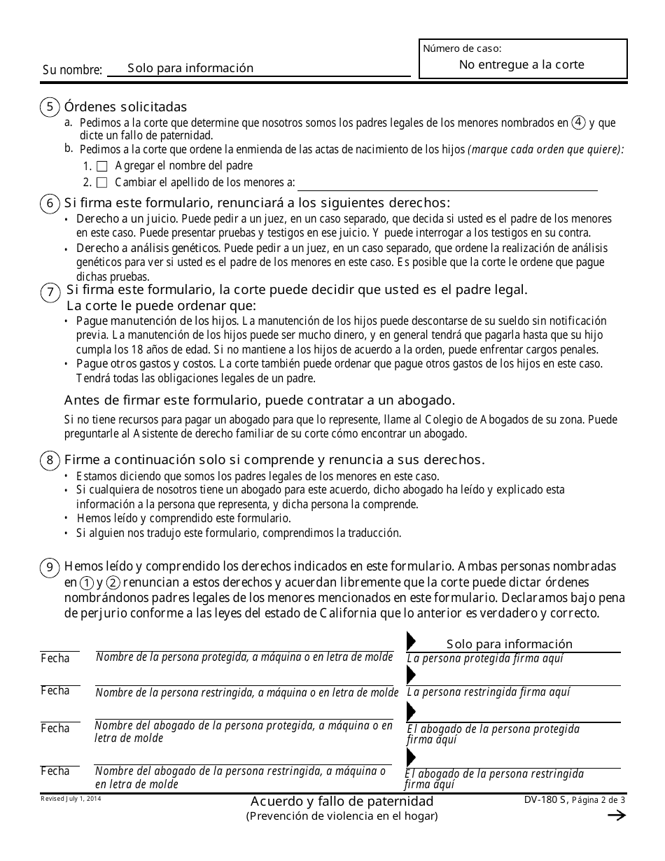 Formulario DV-180 S Acuerdo Y Fallo De Paternidad - California (Spanish), Page 2