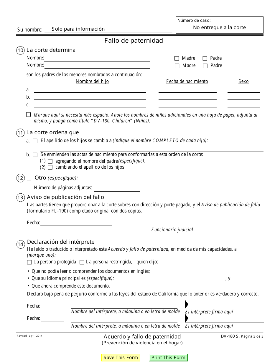 Formulario DV-180 S Acuerdo Y Fallo De Paternidad - California (Spanish), Page 3