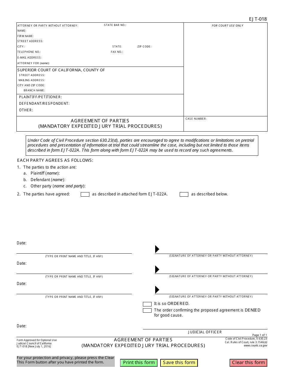 Form EJT-018 Agreement of Parties (Mandatory Expedited Jury Trial Procedures) - California, Page 1