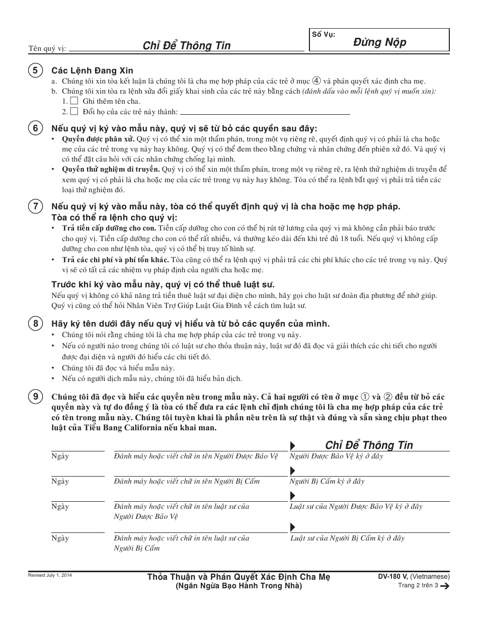 Form DV-180 V Agreement and Judgment of Parentage (Vietnamese) - California (Vietnamese), Page 2
